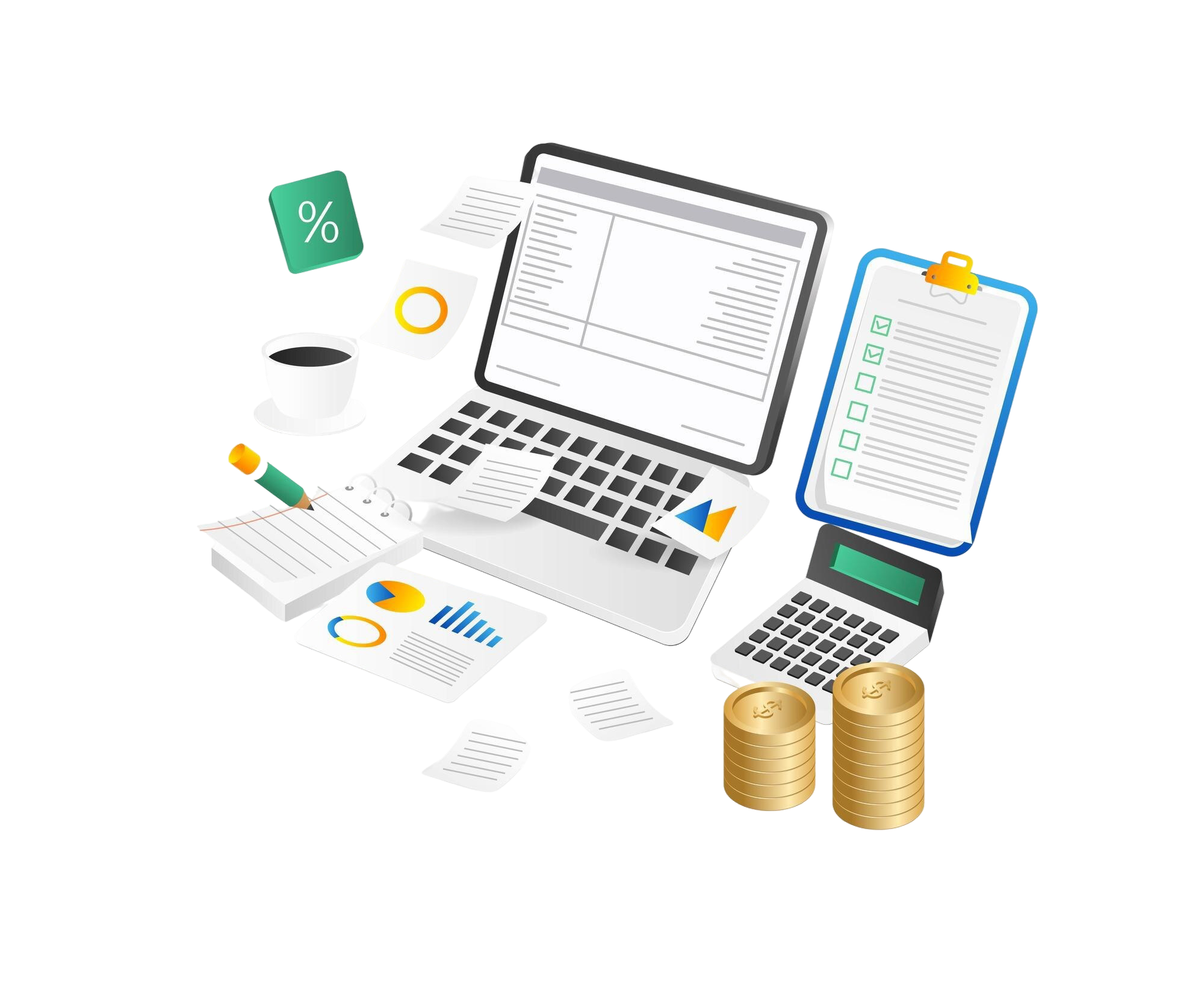 flat-3d-isometric-office-objects-concept-laptop-notepad-coffee-cup-calculator-coins-checklist-vector-illustration